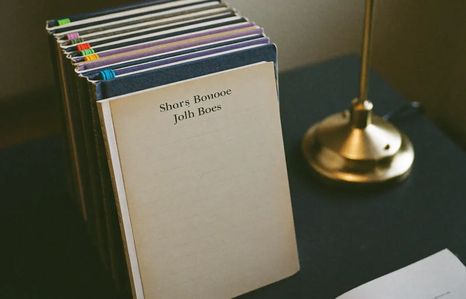 A stack of study books beside a desk lamp